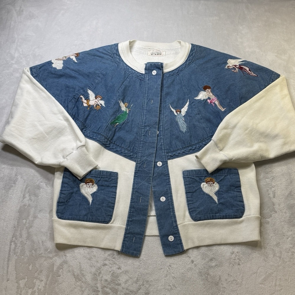 Handmade‎ Angel Embroidered Denim Sweatshirt Jacket Folk Art Cherub OOAK VTG 80s